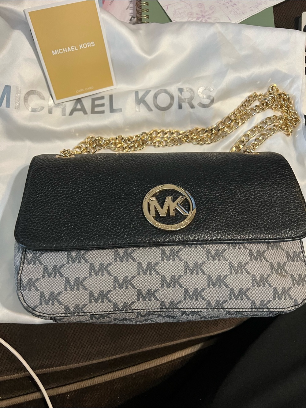 Michael Kors Black Leather & Gray Logo Chain Crossbody